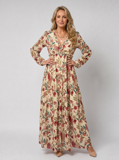 Women's floral tiered maxi dress with V-neckline and long sleeves