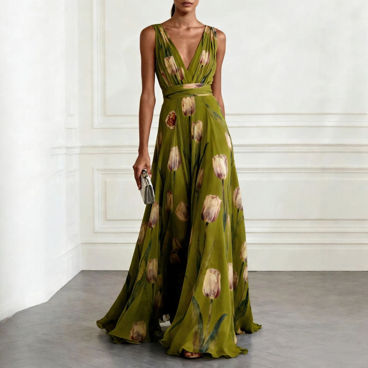 Women's sleeveless floral wrap maxi dress with a V-neckline and flowing full-length skirt