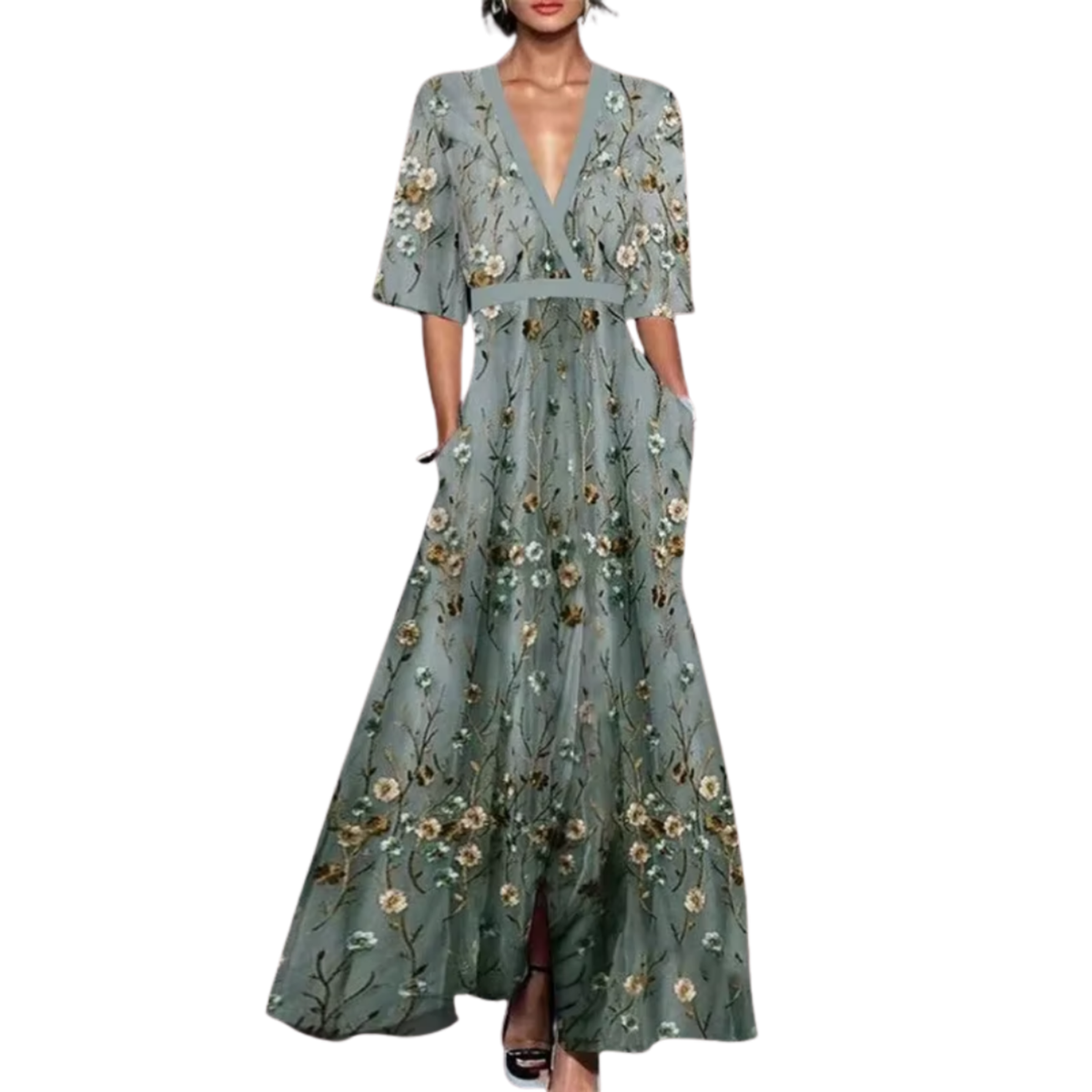 Women's floral wrap jumpsuit with V-neckline, 3/4 sleeves and wide legs
