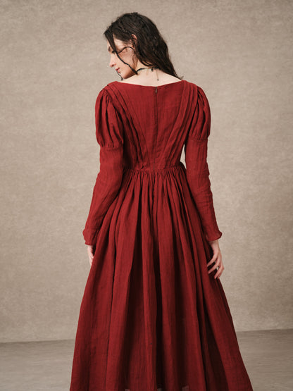 Women's tailored button-front corset maxi dress with long puff sleeves and a full gathered skirt