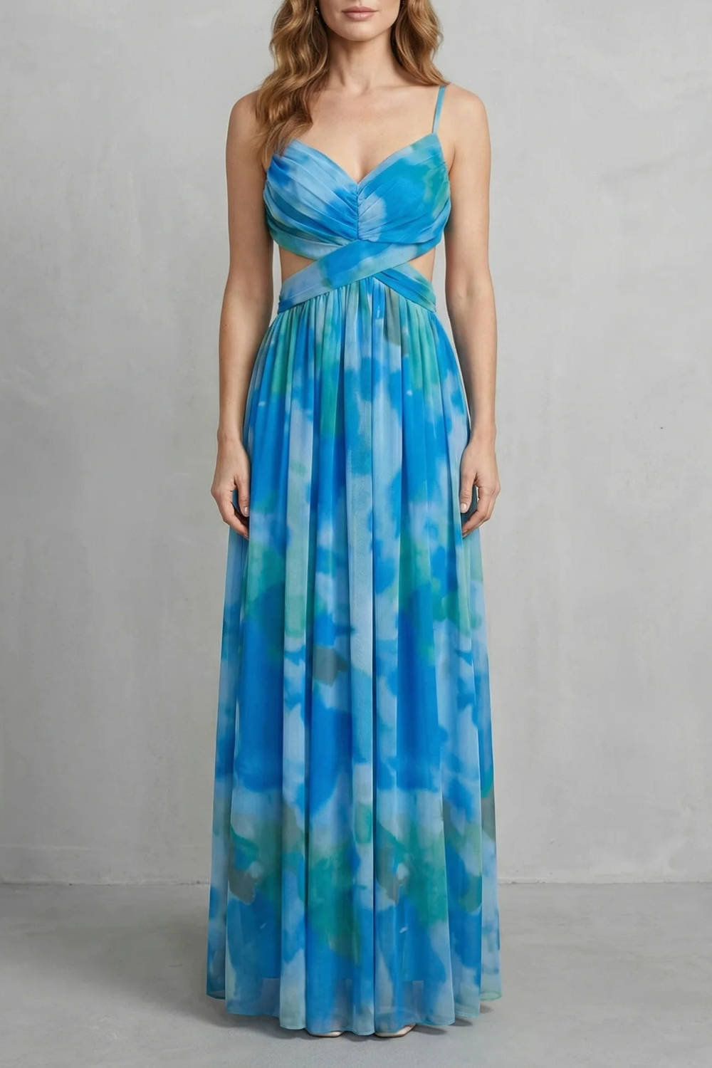 Women's abstract watercolour wrap maxi dress with spaghetti straps and crossed waist detail