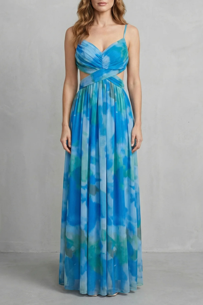 Women's abstract watercolour wrap maxi dress with spaghetti straps and crossed waist detail