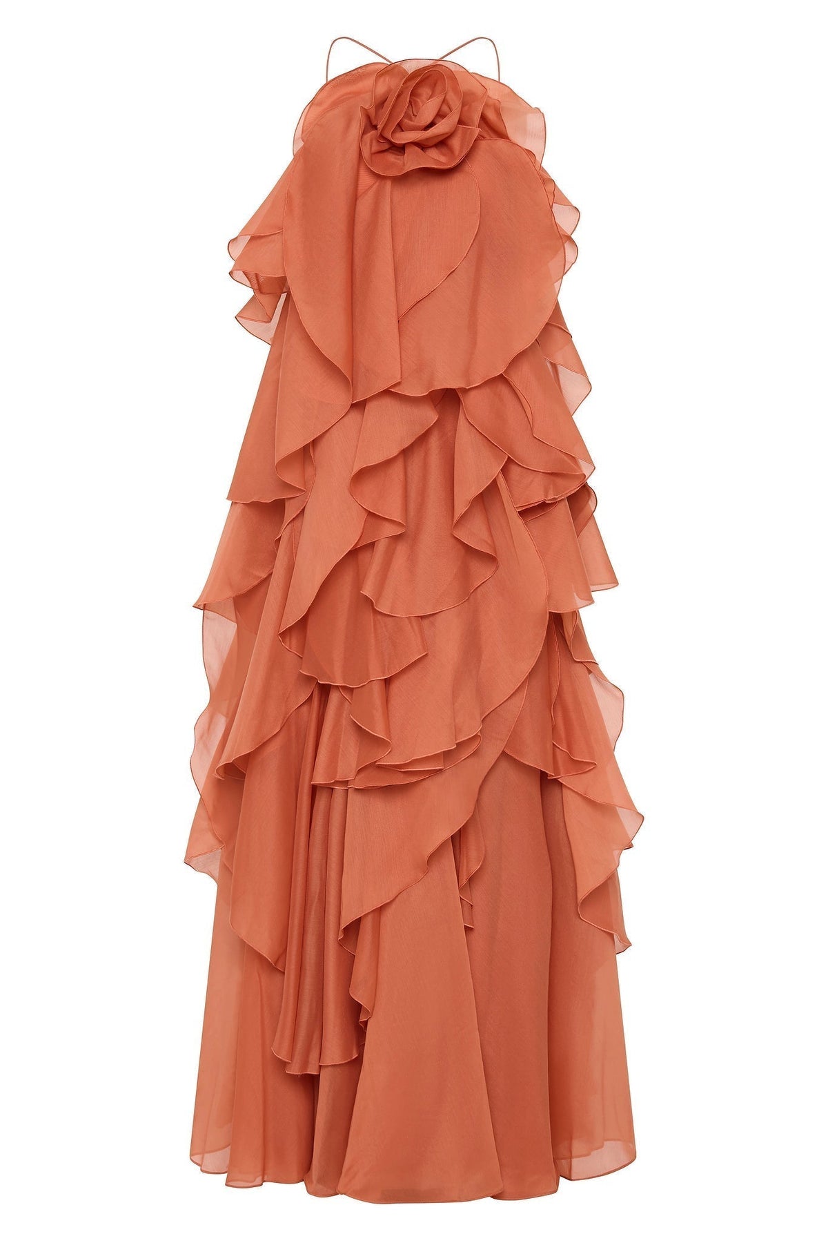 Women's coral sleeveless halter maxi dress with layered ruffles and front flower detail