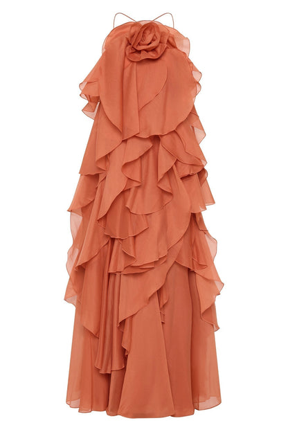 Women's coral sleeveless halter maxi dress with layered ruffles and front flower detail