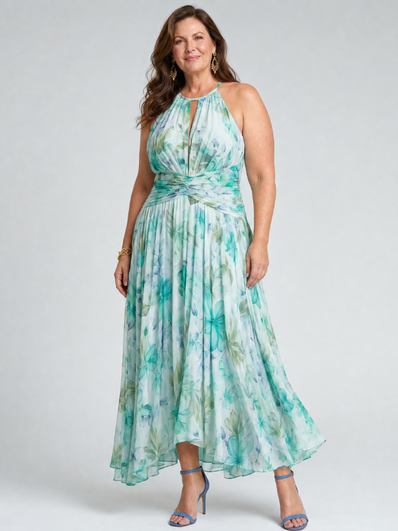 Women's green floral halter maxi dress with pleated waist and flowing skirt