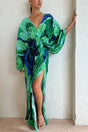 Women's green abstract print maxi dress with V-neck, kimono sleeves and front split