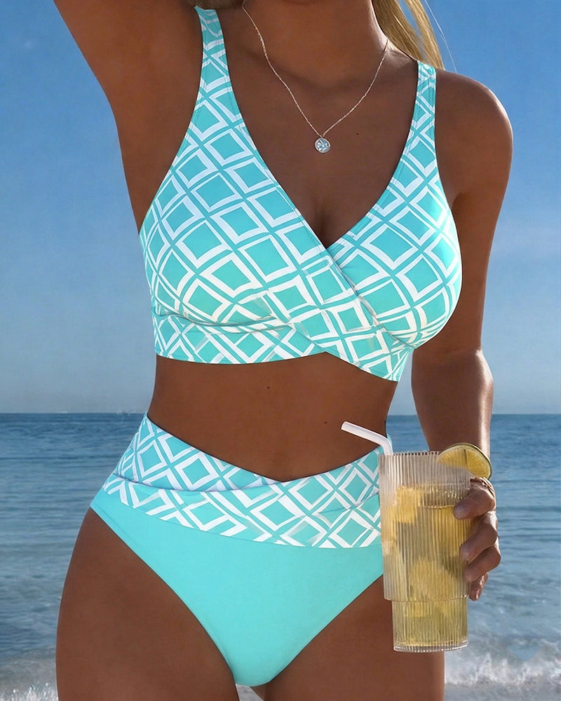 Women's geometric bikini set with V-neck top and high-waisted briefs