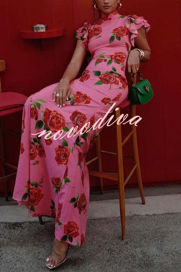 Floral cheongsam-style maxi dress with mandarin collar and layered flare sleeves