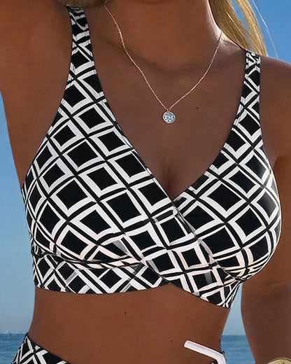 Women's geometric bikini set with V-neck top and high-waisted briefs