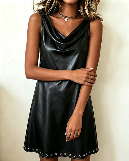 Women's black sleeveless mini dress with draped cowl neckline and grommet hem