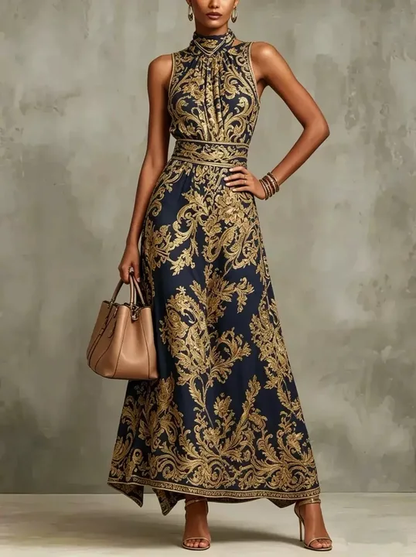 Women's sleeveless halter maxi dress with ornate baroque print and flowing skirt