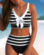 Women's striped bikini set with V-neck top, front bow and high-waisted briefs