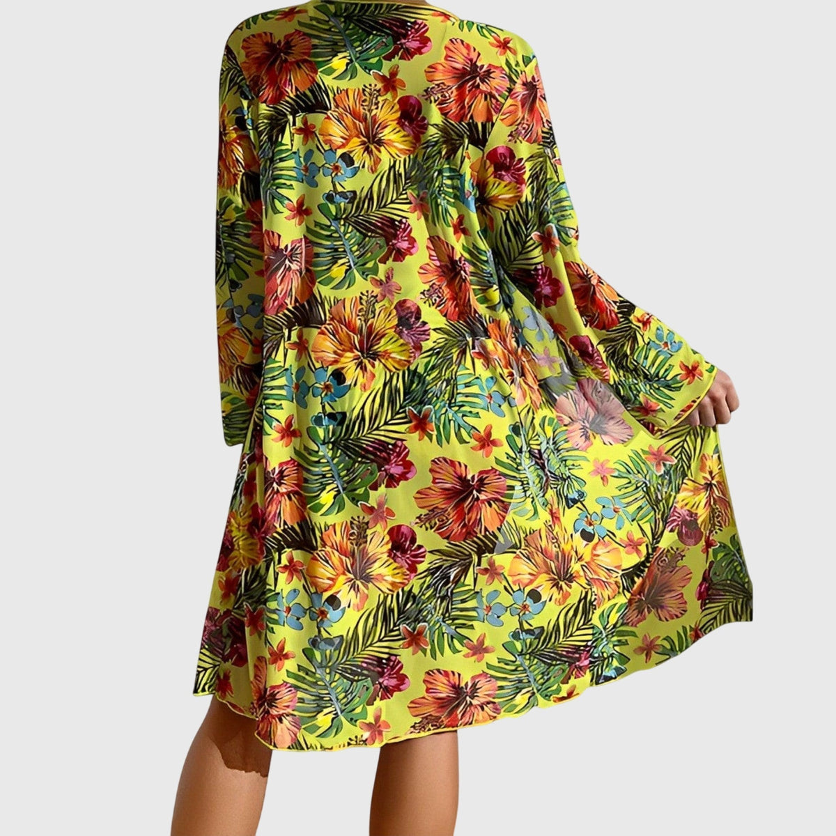 Women's floral bikini set with tie-front top, high-waisted briefs and long-sleeve cover-up