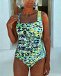 Women's abstract multicoloured one-piece swimsuit with square neckline and wide straps