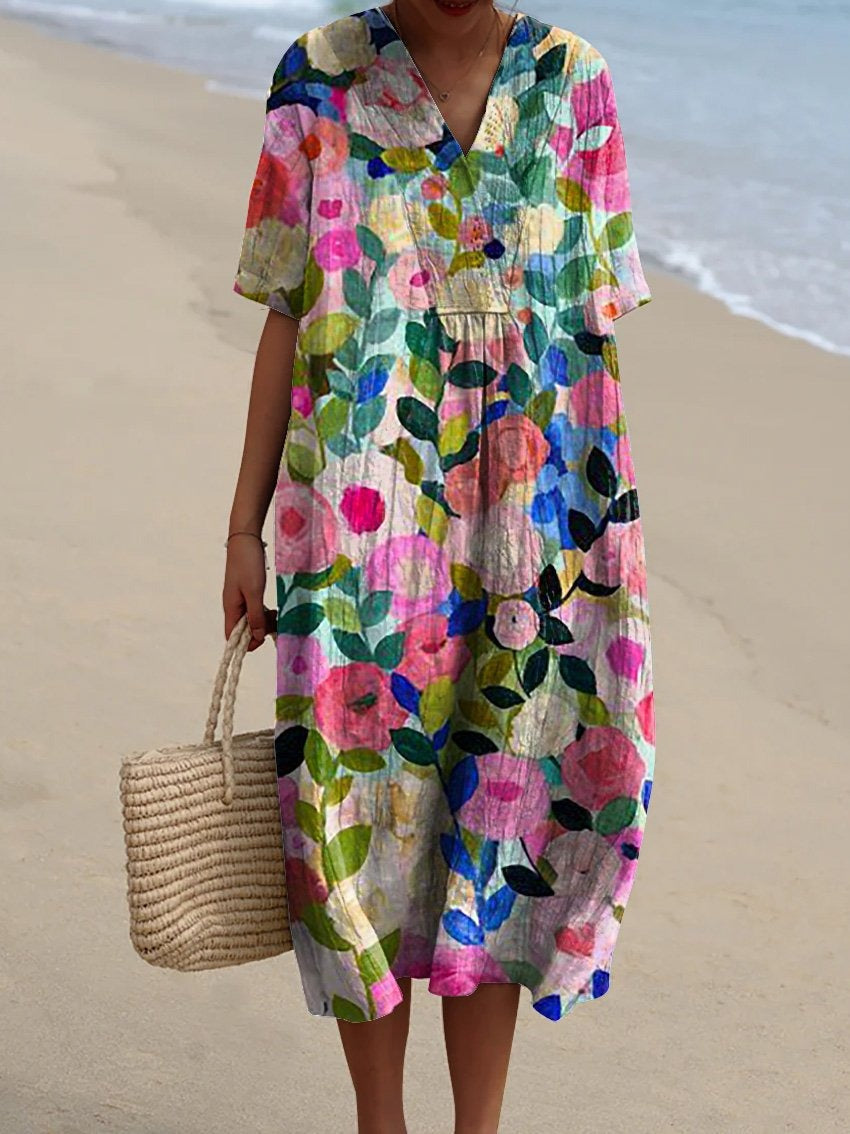 Women's floral V-neck knee dress with short sleeves