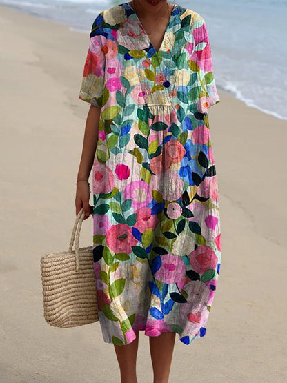 Women's floral V-neck knee dress with short sleeves