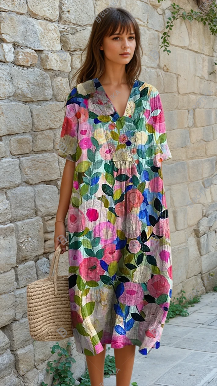 Women's floral V-neck knee dress with short sleeves