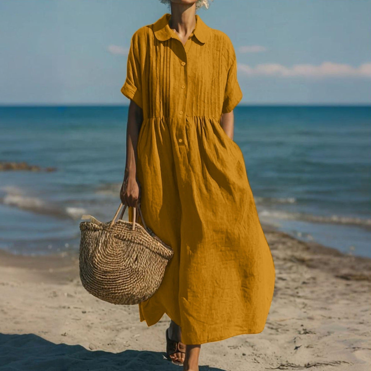 Women's collared button-front midi dress with short sleeves and side pockets