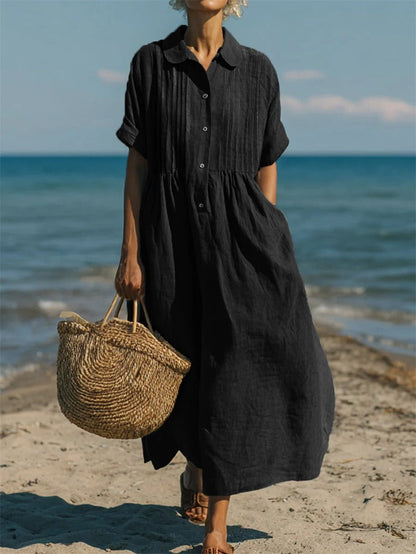 Women's collared button-front midi dress with short sleeves and side pockets
