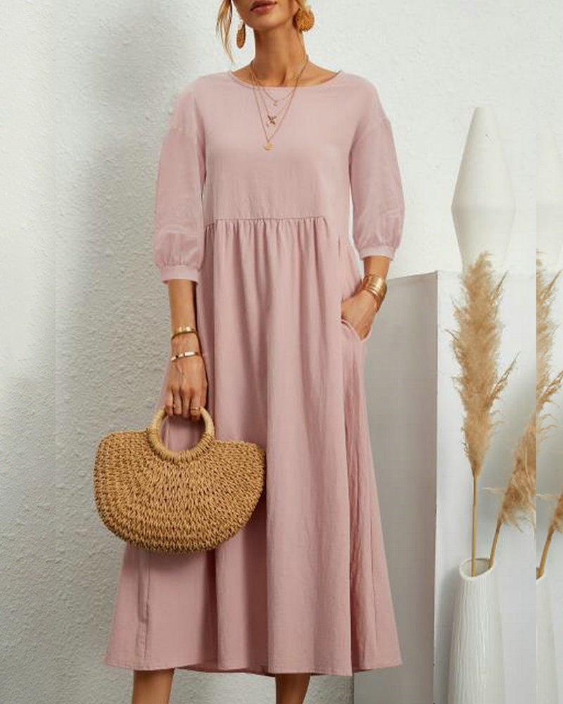 Women's plain A-line midi dress with round neck, 3/4 sleeves and side pockets