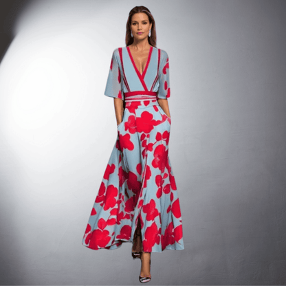 Women's floral wrap jumpsuit with wide legs, 3/4 sleeves and V-neckline