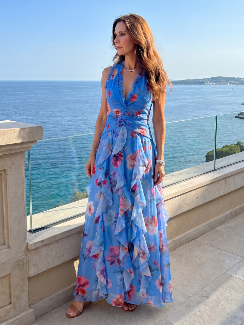 Women's floral halter maxi dress with ruched bodice and layered ruffled skirt