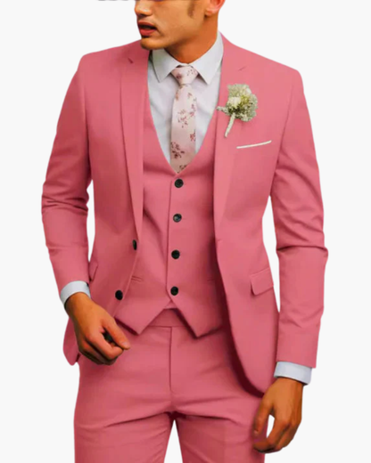 Men's slim fit three-piece suit with notched lapel jacket, button waistcoat and matching trousers