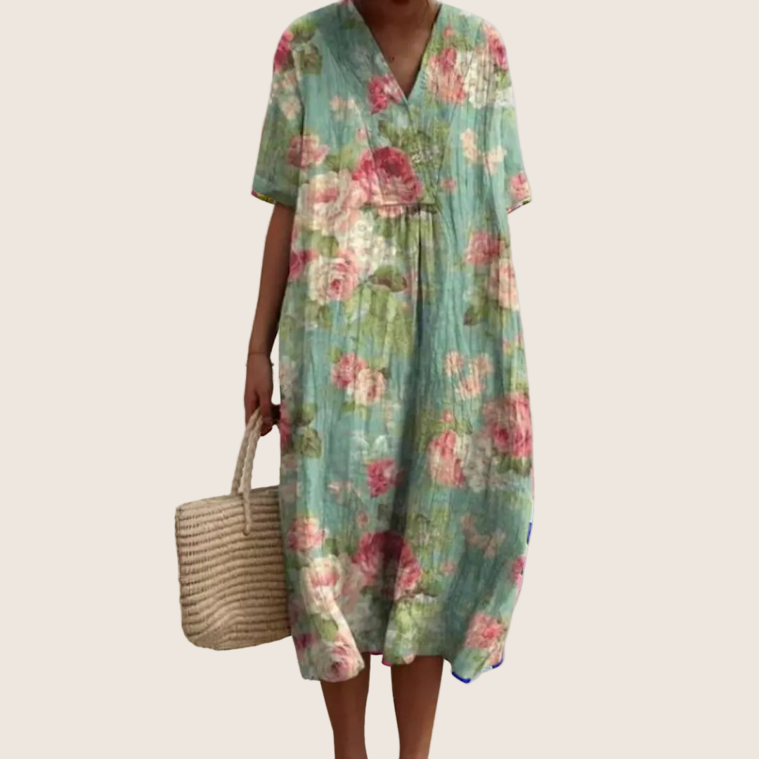 Women's floral V-neck midi dress with short sleeves and button front