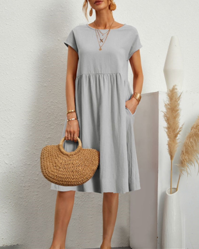 Women's round neck midi dress with short sleeves and gathered skirt