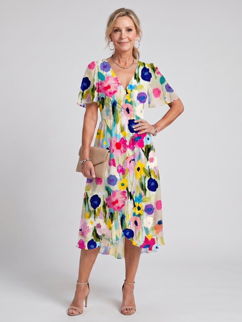 Women's floral wrap midi dress with flutter sleeves and tie waist