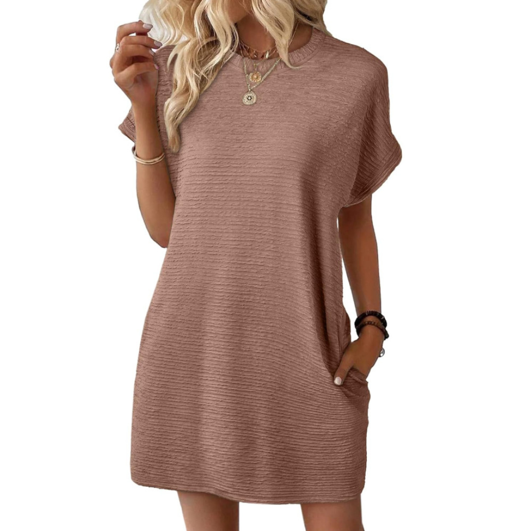 Women's textured crew-neck mini dress with short sleeves and side pockets