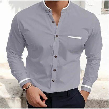 Men's long-sleeve grandad collar shirt with contrast-trim chest pocket