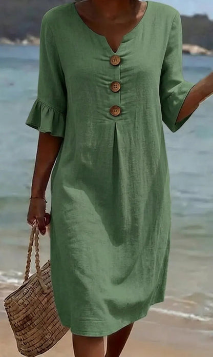 Women's relaxed knee-length button-front dress with split neckline and elbow-length sleeves
