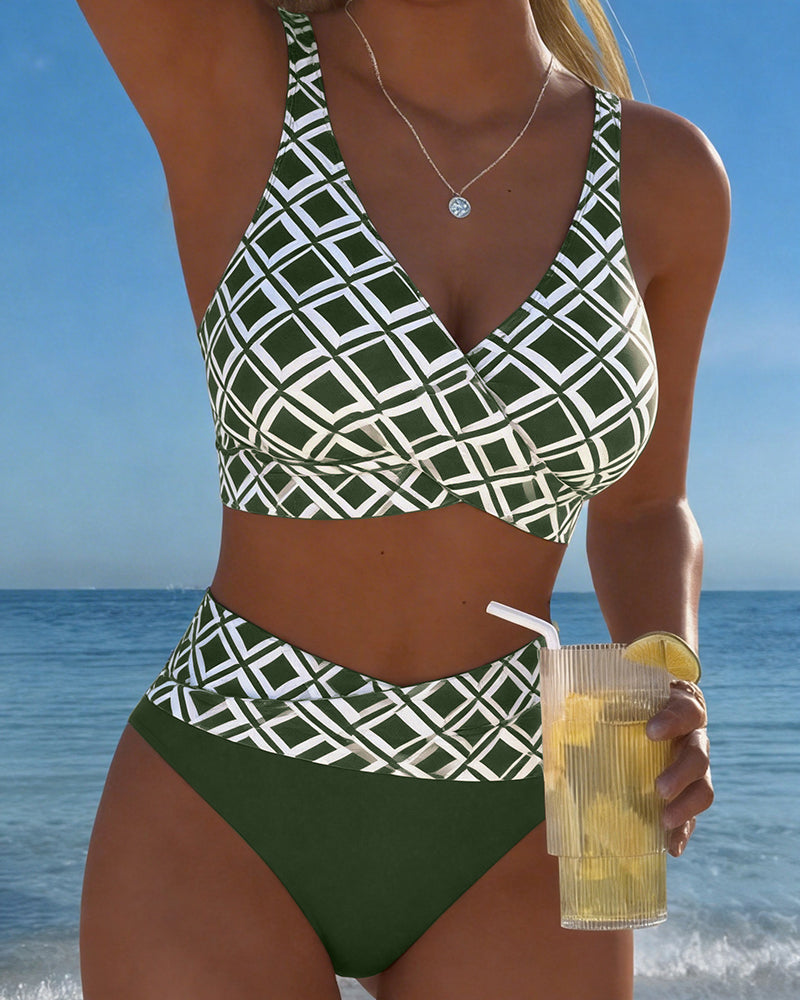 Women's geometric bikini set with V-neck top and high-waisted briefs