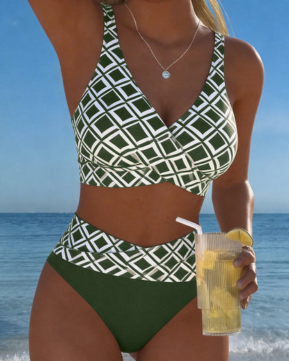 Women's geometric bikini set with V-neck top and high-waisted briefs