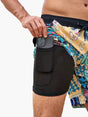 Men's tropical print swim shorts with drawstring waist and inner compression shorts