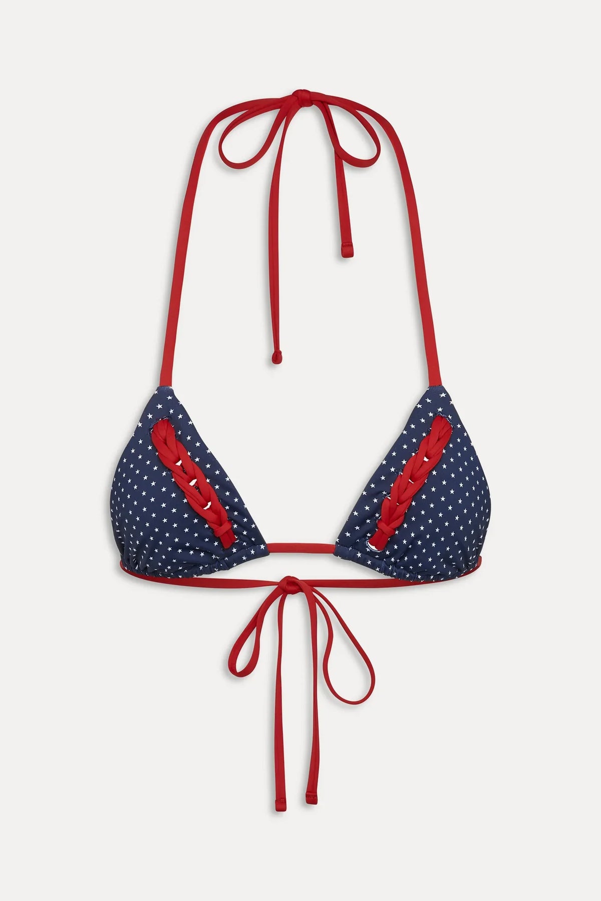 Women's star print triangle bikini top with red braided trim