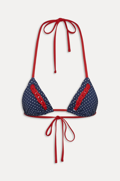 Women's star print triangle bikini top with red braided trim