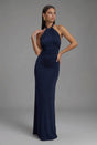 Women's fitted halter maxi dress with gathered ruching and floor-length skirt
