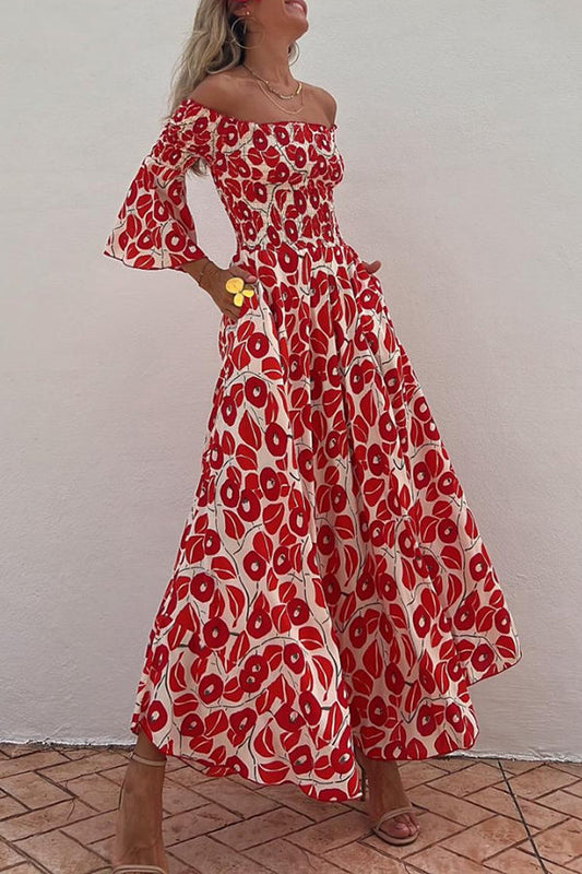Women's red floral off-shoulder smocked maxi dress with flared sleeves