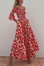 Women's red floral off-shoulder smocked maxi dress with flared sleeves