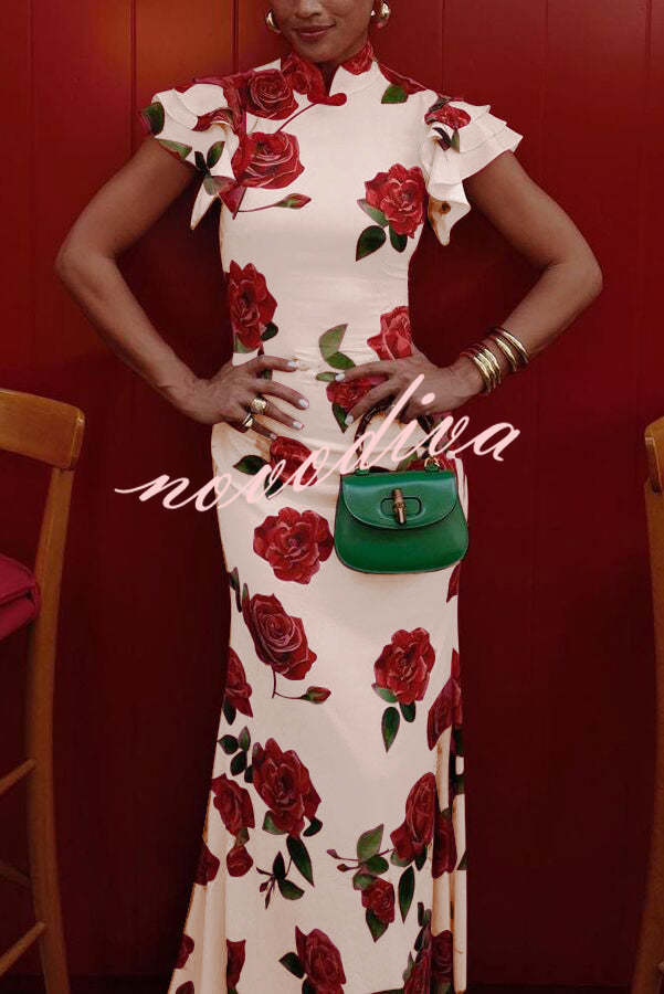 Floral cheongsam-style maxi dress with mandarin collar and layered flare sleeves