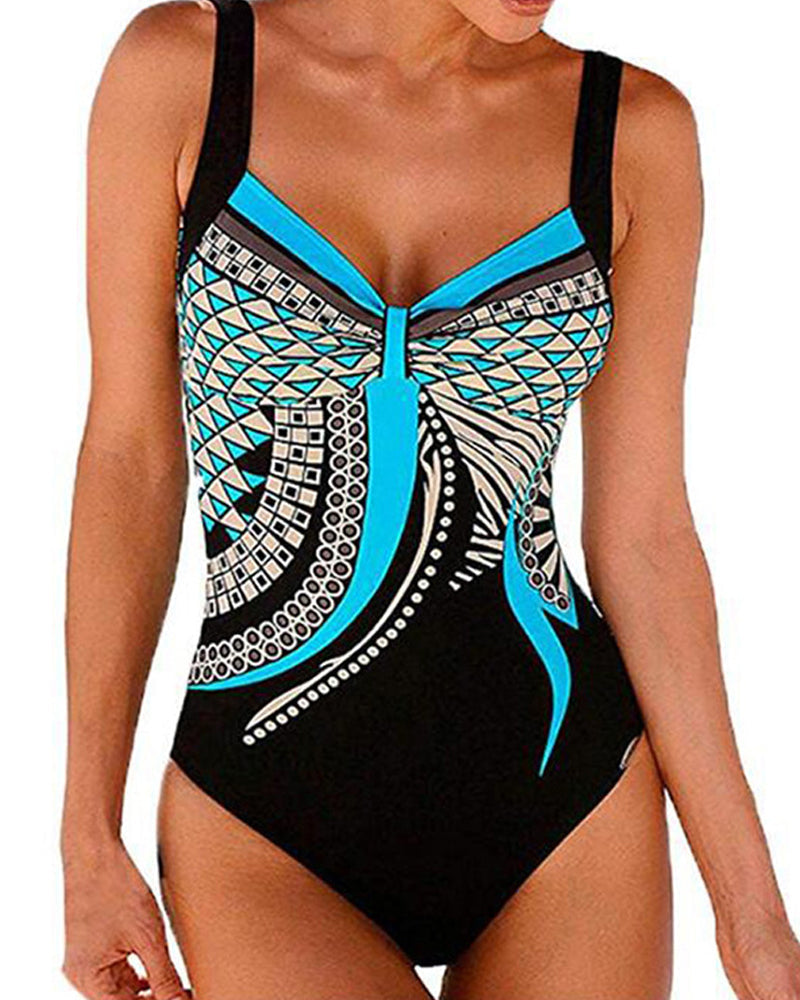 Women's geometric one-piece swimsuit with wide straps and patterned front