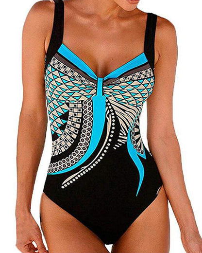 Women's geometric one-piece swimsuit with wide straps and patterned front