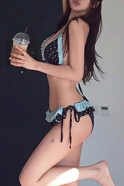 Women's brown polka dot ruffle halter bikini set