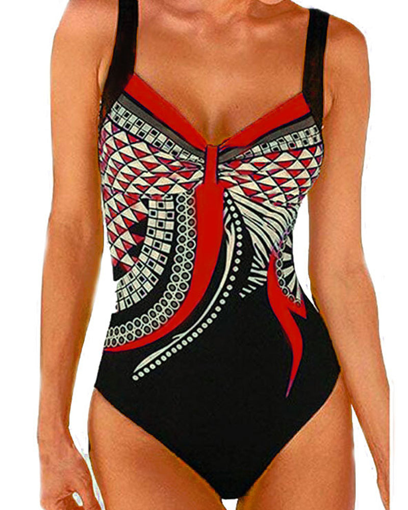 Women's geometric one-piece swimsuit with wide straps and patterned front