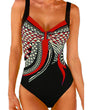Women's geometric one-piece swimsuit with wide straps and patterned front