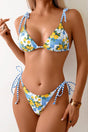 Women's blue lemon print triangle bikini set with tie-side bottoms
