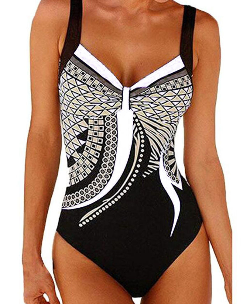 Women's geometric one-piece swimsuit with wide straps and patterned front
