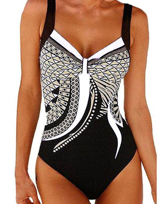 Women's geometric one-piece swimsuit with wide straps and patterned front